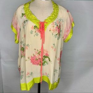 Johnny Was Floral Semi Sheer Blouse Lime Green Accents Size Large
